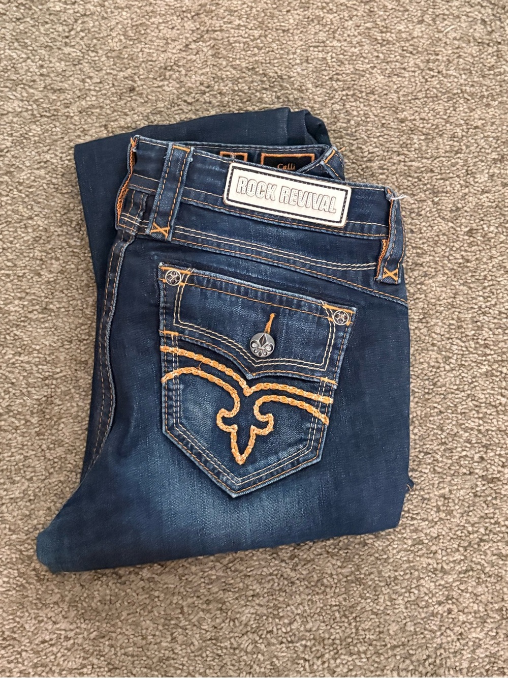 Rock Revival Women's Dark Blue Bootcut Jeans with Tan Embroidery